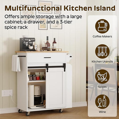 YATINEY Kitchen Island with Storage, Mobile Kitchen Cart with Charging Station, Kitchen Island on Wheels, Rolling Island Table with Sliding Cabinet Door, White and Natural ZD01UWN