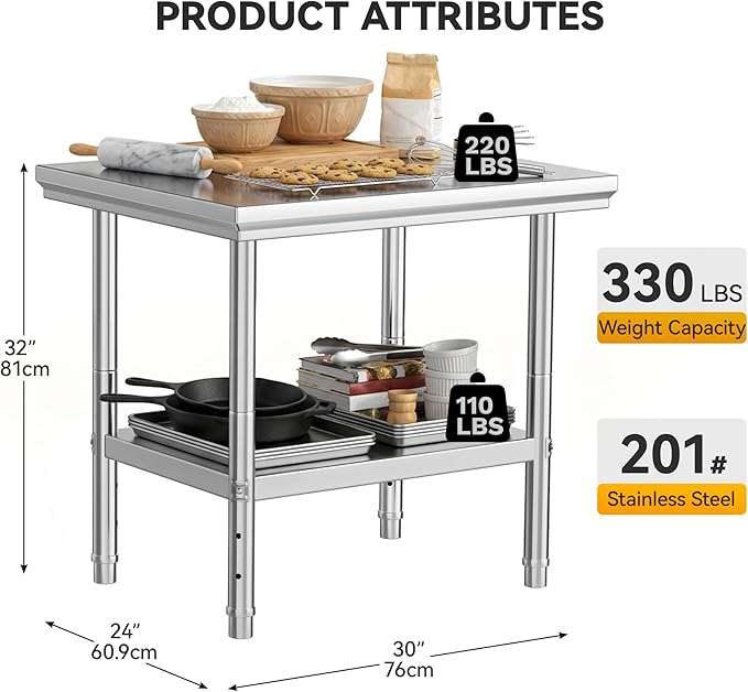 DWVO 30x24in Stainless Steel Table, NSF Metal Prep Worktable with Adjustable Shelf for Kitchen Restaurant Hotel Garage Warehouse Home