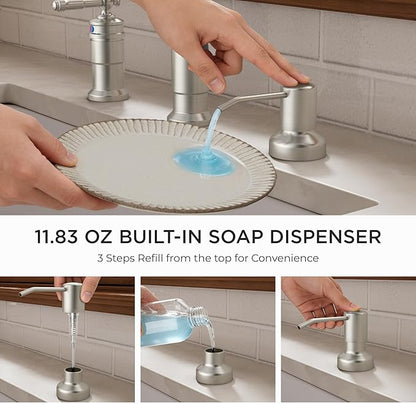 FORIOUS 3 Hole Kitchen Faucet with Soap Dispenser, Brushed Nickel Stainless Steel Vintage Pull Down Sprayer Kitchen Sink Faucet with Single Seperate Handle, Suitable for Farmhouse Outdoor Rv Bar