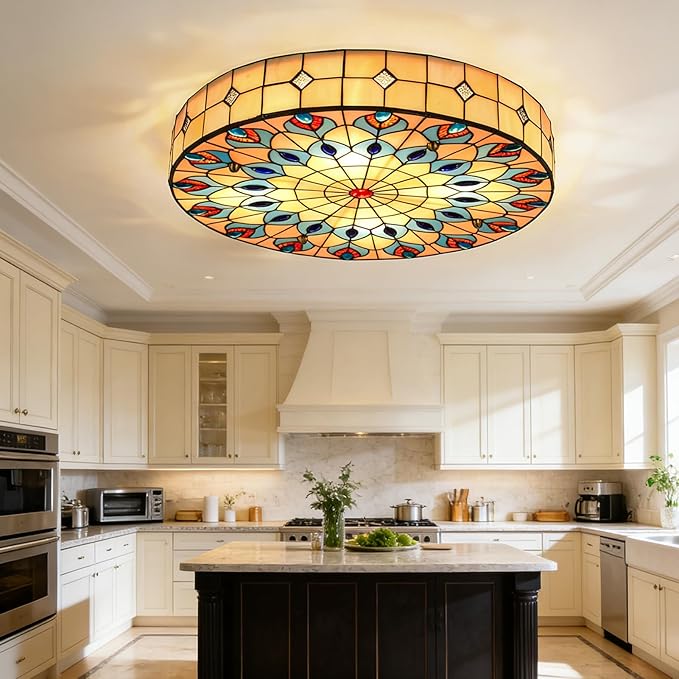 20" Vintage Stained Glass Ceiling Light, 4-Light Stained Glass Flush Mount Light Fixture, Chandelier Ceiling Pandent Lamp for Farmhouse Kitchen Island (Retro)