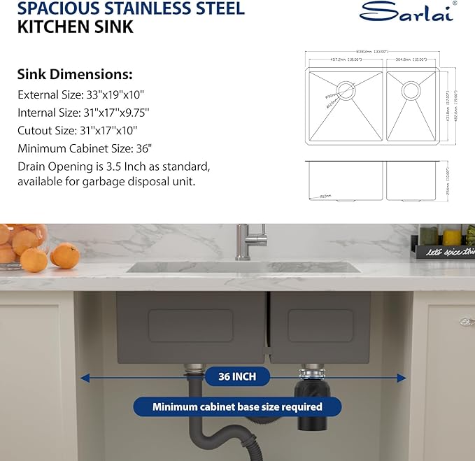 Sarlai 33 Undermount Kitchen Sink Double Bowl - 33x19 Inch Kitchen Sink Undermount 60/40 Stainless Steel 16 Gauge Round Corner Double Basin Under Counter Sinks Basin