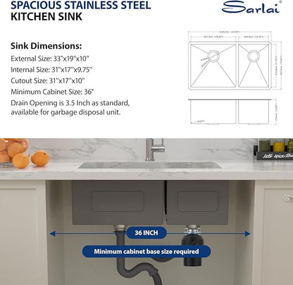 Sarlai 33 Undermount Kitchen Sink Double Bowl - 33x19 Inch Kitchen Sink Undermount 60/40 Stainless Steel 16 Gauge Round Corner Double Basin Under Counter Sinks Basin