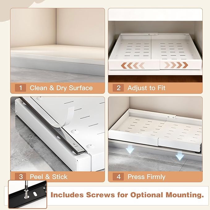 2-Pack Expandable Pull Out Cabinet Organizer, Slide Out Drawers with Upgrade 3 Slide Rails & Adhesive Nano Film, Heavy Duty Roll Out Shelf for Kitchen Base Cabinet, Adjustable Width 12"-22"
