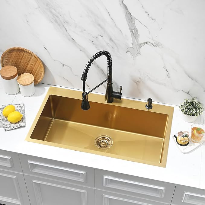 Gold 33x19 Drop In Kitchen Sink-Jshozzy Drop In Sink Kitchen Top Mount 16 Gauge Stainless Steel Sink Single Bowl