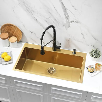 Gold 33x19 Drop In Kitchen Sink-Jshozzy Drop In Sink Kitchen Top Mount 16 Gauge Stainless Steel Sink Single Bowl