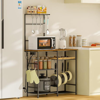 3IngSeagulls Bakers Rack with Power Outlet, Kitchen Microwave Stand with 10 S-shaped Hooks, 6-Tier Coffee Bar Station, Kitchen Storage Shelf Rack for Spices, Pots, Rustic Brown