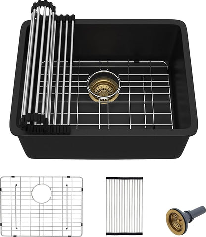 21"x17" Undermount Bar Prep Sink – Matte Black Granite Composite Quartz Classic Under Counter Single Bowl Sink Basin for Wet Bar, RV, Small Kitchen