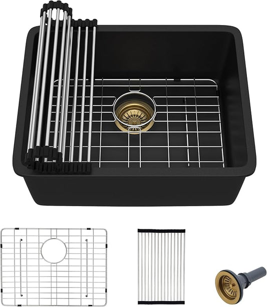 21"x17" Undermount Bar Prep Sink – Matte Black Granite Composite Quartz Classic Under Counter Single Bowl Sink Basin for Wet Bar, RV, Small Kitchen