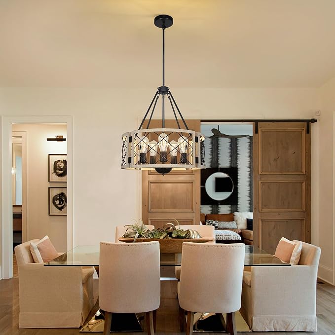 Sigaitwei 18.9'' Farmhouse Drum Chandelier, 5-Light Adjustable Dining Room Light Fixture Kitchen Island Lighting, Rustic Hanging Lights for Entryway Dining Room Kitchen Table Foyer Living Room.