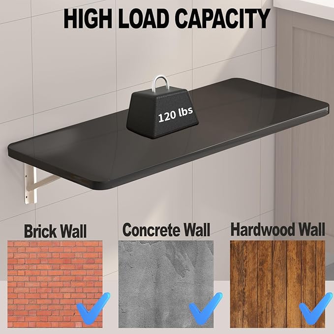Wall Mounted Folding Table for Laundry Room Piano Baking Paint Waterproof, Wall Mount Table Fold Down Multi Size, Foldable Desk for Kitchens、Handicraft Production、Bars、Sewing Station（Black）