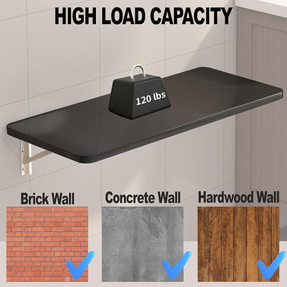 Wall Mounted Folding Table for Laundry Room Piano Baking Paint Waterproof, Wall Mount Table Fold Down Multi Size, Foldable Desk for Kitchens、Handicraft Production、Bars、Sewing Station（Black）
