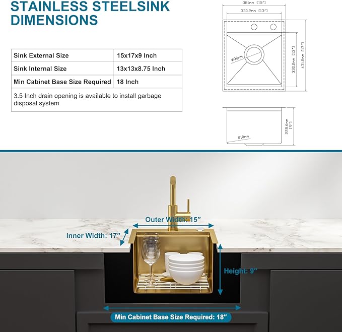 Gold Bar Sink With Faucet Drop In Bar Sinks 15x17 Inch Stainless Steel Indoor Outdoor Kitchen Workstation16 Gauge Single Bowl Small Sinks With Pull-out Faucet 15"x17"x9"