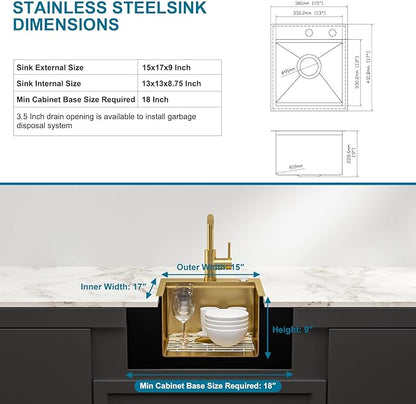Gold Bar Sink With Faucet Drop In Bar Sinks 15x17 Inch Stainless Steel Indoor Outdoor Kitchen Workstation16 Gauge Single Bowl Small Sinks With Pull-out Faucet 15"x17"x9"
