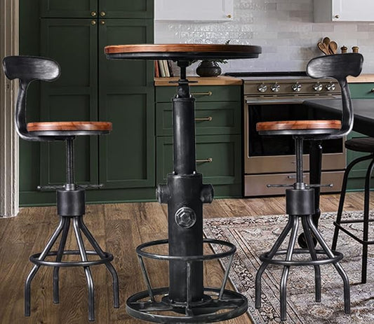 LOKKHAN Industrial Bar Table 38.6"-48.4" Height Adjustable Swivel Round Wood Tabletop 23.7" Dia, Kitchen Dining Office Coffee Bistro Pub Table