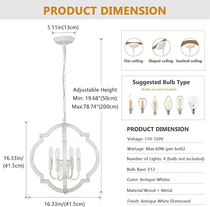 White Farmhouse Orb Chandelier for Dining Room- 4 Light Modern Pendant Light Fixture, Rustic Wood Hanging Lights for Kitchen Island Living Room Bedroom Entryway