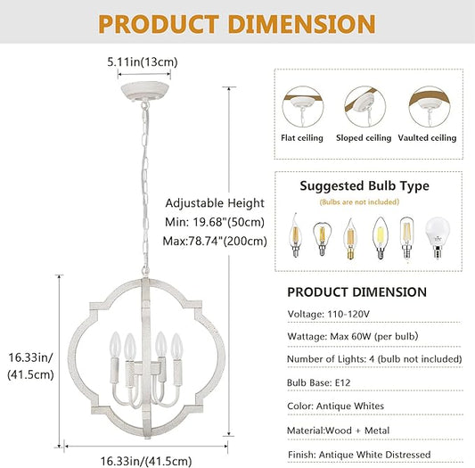 White Farmhouse Orb Chandelier for Dining Room- 4 Light Modern Pendant Light Fixture, Rustic Wood Hanging Lights for Kitchen Island Living Room Bedroom Entryway