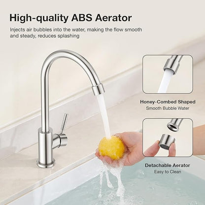 CREA Brushed Faucet for Kitchen Bar Outdoor Sink 1 Hole 3Holes(with Deck Plate)，High Arc 360°Swivle Single Handle Tap Brushed 304 Stainless Steel