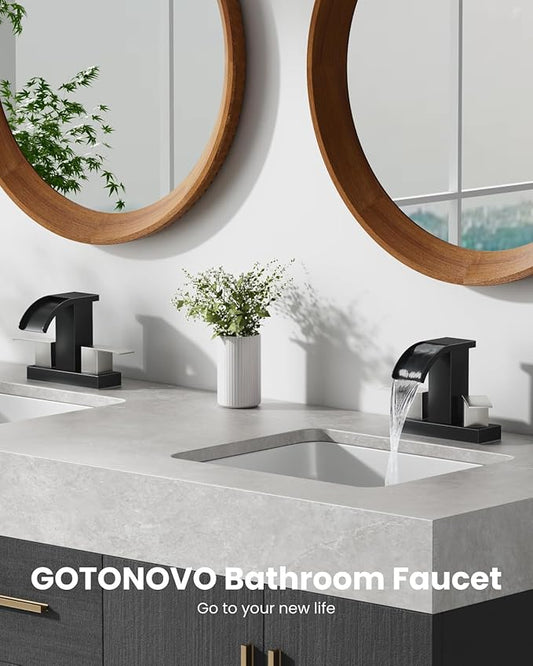gotonovo Waterfall 4 Inch Centerset Bathroom Sink Faucet 2 Handle Basin Faucets 2 or 3 Hole Deck Mount with Pop Up Drain Included Lavatory Modern Mixer Tap Vanity Faucet Matte Black & Brushed Nickel