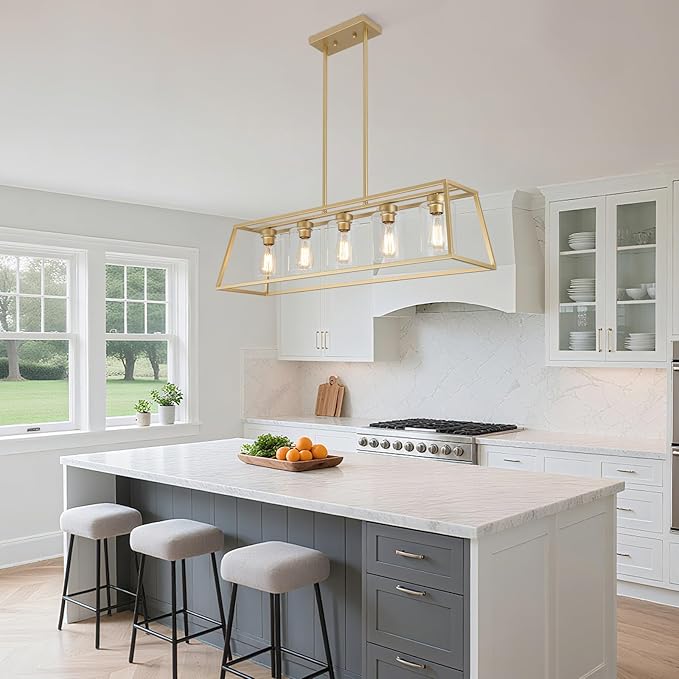 5-Light Gold Chandeliers for Dining Room | Modern Kitchen Island Light Fixture | Rectangle Chandelier for with Clear Glass Shade | Apply to Dining Room Light fixtures Over Table