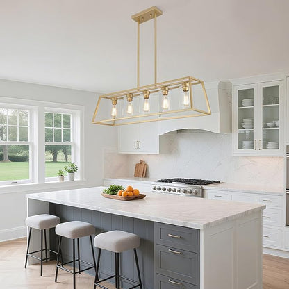 5-Light Gold Chandeliers for Dining Room | Modern Kitchen Island Light Fixture | Rectangle Chandelier for with Clear Glass Shade | Apply to Dining Room Light fixtures Over Table