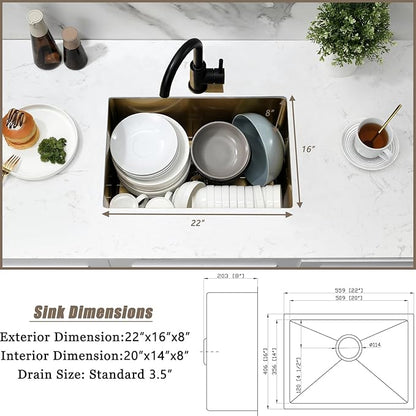 Gold Undermount Kitchen Sink, 22x16 Gold Kitchen Sink Undermount Utility Sinks Stainless Steel 18 Gauge Single Bowl Wet Bar Sinks with Basket Strainer