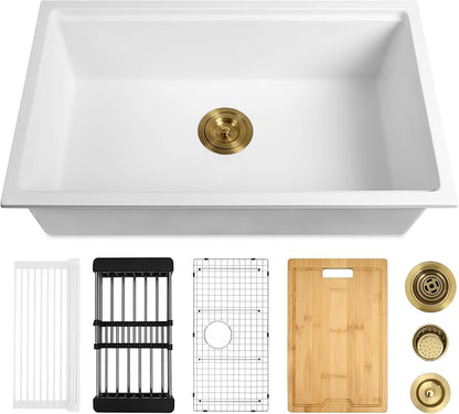 White Undermount Kitchen Sink 32 Inch - Drop In Granite Quartz Composite Workstation Sink - Deep Single Bowl,Dual Mount,with Accessories (White, 32" x 18")