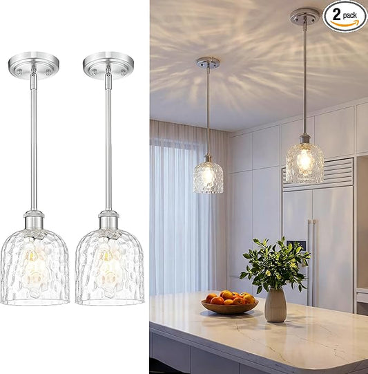 zeyu Adjustable Hanging Lights for Kitchen, Large Pendant Lights Kitchen Island, Modern Hanging Pendant Lights 2 Pack with Clear Hammered Glass, Brushed Nickel Finish, ZJF63MIL-L-2PK BN