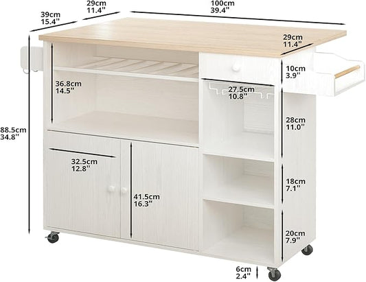 IRONCK Rolling Kitchen Island Cart with Drop-Leaf and Wine Rack, Microwave Rack Serving Cart on Wheels with Drawer & Shelves & Spice Rack & Cup Hanging, White
