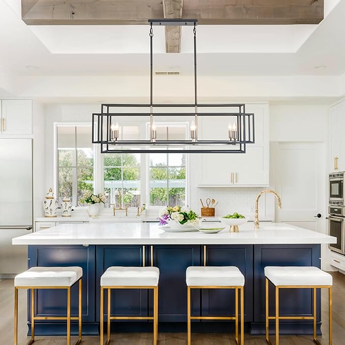 WJShome Kitchen Island Lighting, 8-Light Farmhouse Chandeliers for Dining Room, Modern Dining Room Light Fixtures Over Table, Linear Pendant Lights Kitchen Island（Black & Brushed Nickel）