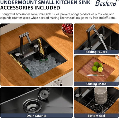 16 Inch Outdoor Undermount Bar Sink With Faucet and Cover - Beslend 16x17x9 Undermount Kitchen Sink Workstation 16 Gauge Stainless Steel Single Bowl Sinks Under Counter Indoor Outdoor Black