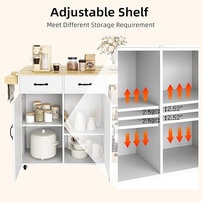IDEALHOUSE Rolling Kitchen Island Cart with Drop Leaf, Kitchen Storage Cabinet On Wheels with 2 Drawers, 3 Open Spice Racks and Towel Rack,White
