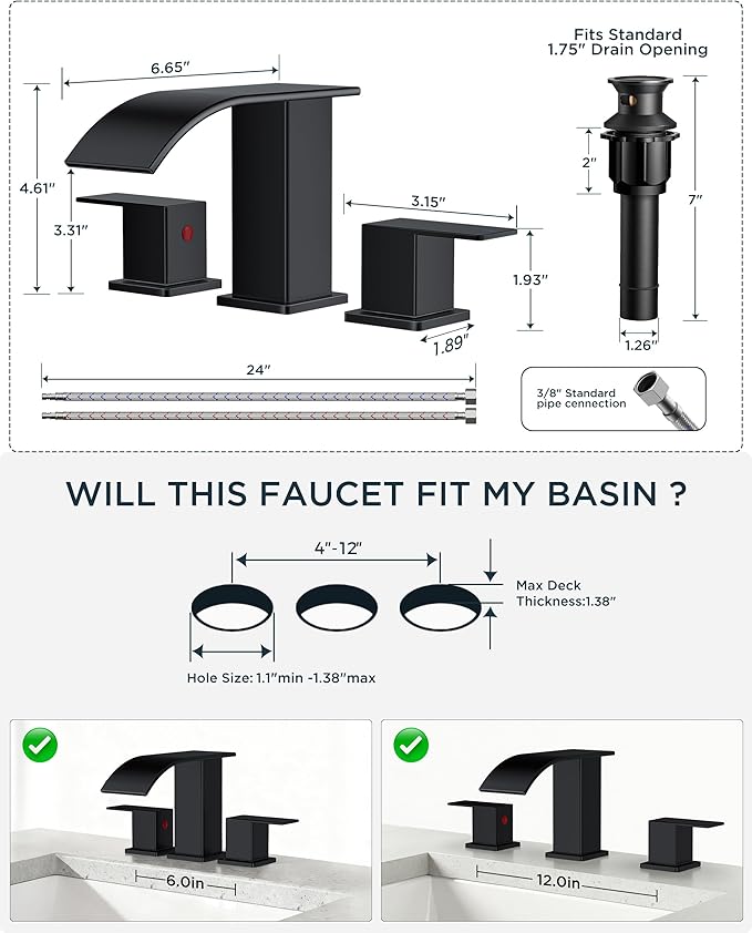 FORIOUS Square Matte Black Bathroom Faucets 3 Hole, Waterfall 8 Inch Widespread Bathroom Sink Faucet with Metal Pop-up Drain and Supply Lines, Two Handles for Vanity, RV, Farmhouse
