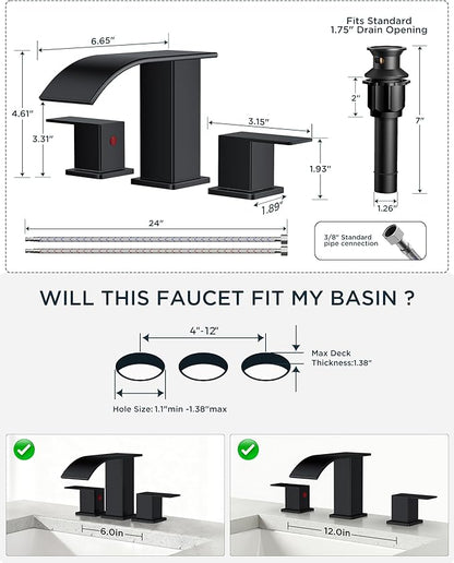 FORIOUS Square Matte Black Bathroom Faucets 3 Hole, Waterfall 8 Inch Widespread Bathroom Sink Faucet with Metal Pop-up Drain and Supply Lines, Two Handles for Vanity, RV, Farmhouse