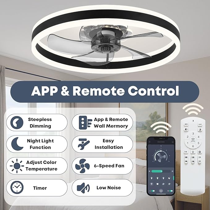 Fszdorj Ceiling Fan with Light, Upgraded 20‘’ Low Profile Fan, Flush Mount Ceiling Fan, 6 Speeds, Dimmable LED, App & Remote Control, Quiet DC Motor, for Bedroom, Living Room, F105 Black-D