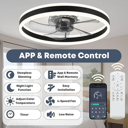 Fszdorj Ceiling Fan with Light, Upgraded 20‘’ Low Profile Fan, Flush Mount Ceiling Fan, 6 Speeds, Dimmable LED, App & Remote Control, Quiet DC Motor, for Bedroom, Living Room, F105 Black-D