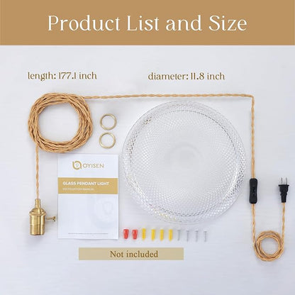 Hanging Light with Plug in Cord,11.8 Inch Plug in Pendant Light for Ceiling Glass Lampshade 14Ft Hanging Lamp Plug in Adjustable Golden Cord On/Off Switch for Bedroom