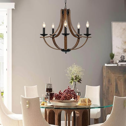 LAMPKEDUO Farmhouse Chandeliers for Dining Room Light Fixture, 5-Light 24 inch Faux Wood Texture Hanging Lighting Fixtures, Rustic Candle Chandeliers for Living Room Kitchen Island Foyer Entryway
