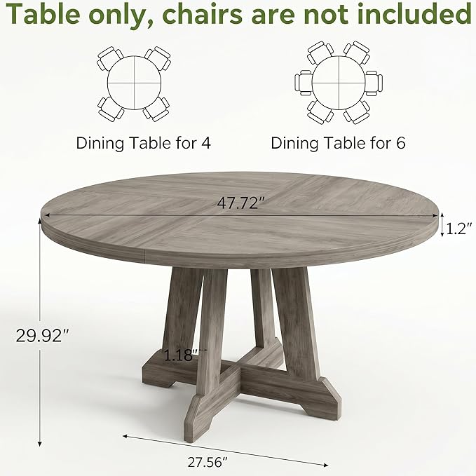 IDEALHOUSE Round Dining Table for 4, 47 Inches Dining Room Table with Wooden Base, Kitchen Table with Circle Tabletop, Dinner Table for Dining Room, Kitchen, Living Room, Grey