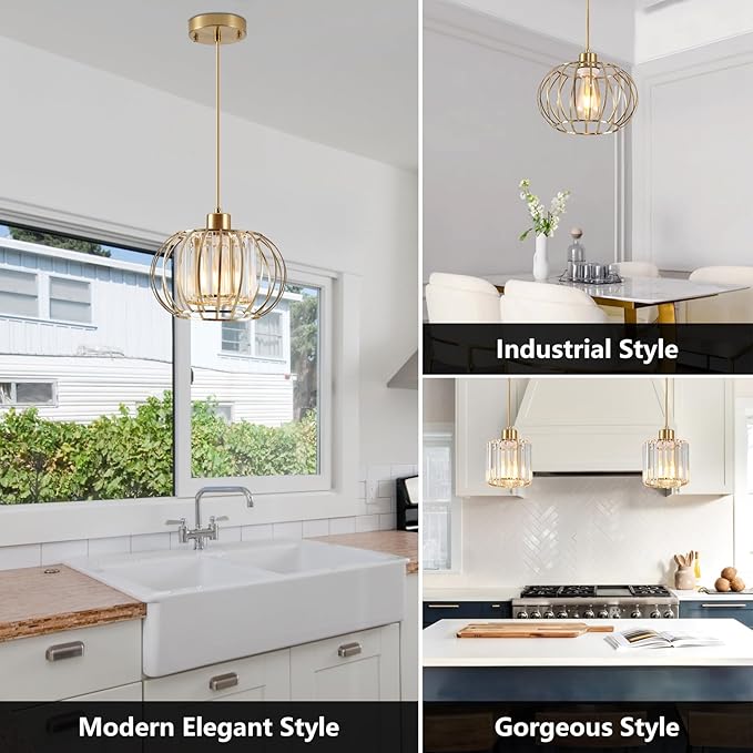 XSDeTu Gold Pendant Light Fixture, Modern Crystal Pendant Lights Kitchen Island, 1-Light Farmhouse Mini Chandelier, Adjustable Brass Hanging Light Fixture for Hallway, Bedroom, Dining Room