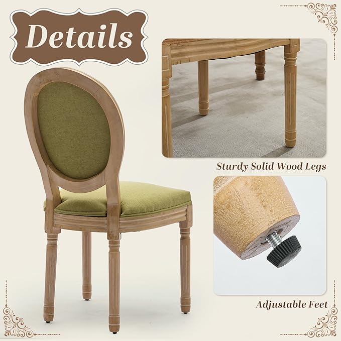 SoarFlash French Dining Chairs Set of 4, Vantage Linen Dining Chair with Round Back, Wood Leg Farmhouse Country Dining Chair for Kitchen,Bedroom,Olive Green