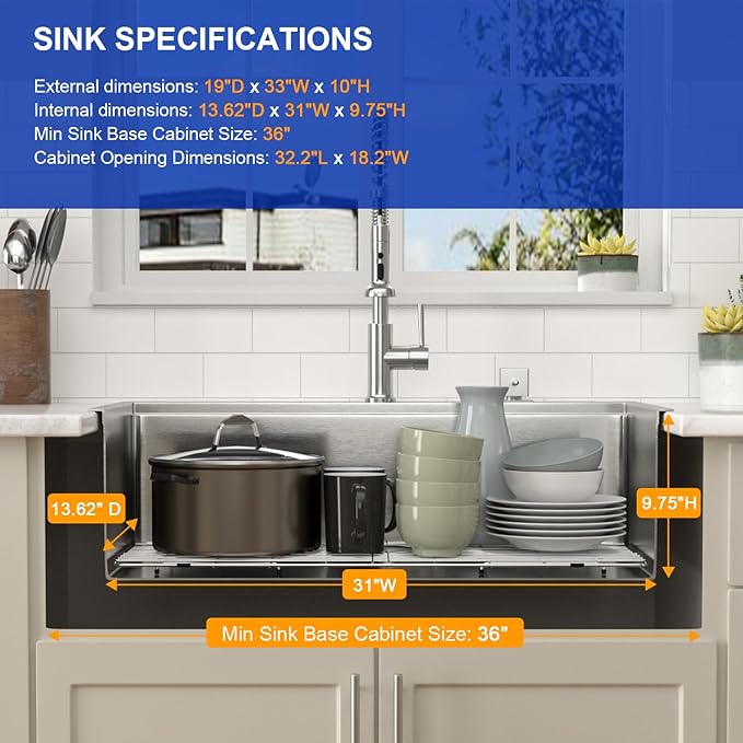 Dcolora 33x19 Kitchen Sink Drop In with Workstation Handed-Welding 16 Gauge 304 Stainless Steel Large Single Bowl Drop In Sink Top mount Brushed Nickel, #DC-T7764