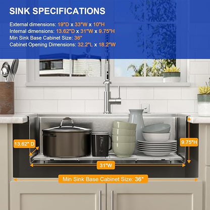 Dcolora 33x19 Kitchen Sink Drop In with Workstation Handed-Welding 16 Gauge 304 Stainless Steel Large Single Bowl Drop In Sink Top mount Brushed Nickel, #DC-T7764