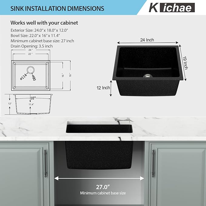 Kichae 24 Granite Composite Laundry Sink - 24"x18" Granite Laundry Utility Sink Undermount Black Quartz Under Counter Single Bowl Sink Basin