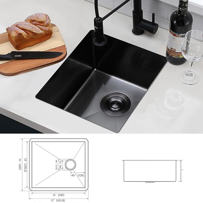 Hotis Black Undermount Bar Sink, 15 X 17 Inch Black Bar Sink, Rv Outdoor Stainless Steel Wet Bar Small Kitchen Sinks, Handmade Stainless Steel Single Bowl