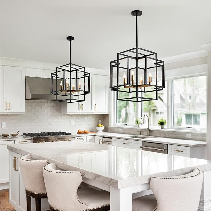 4-Light Black and Gold Chandelier, Modern Dining Room Light Fixture, Farmhouse Hanging Lantern Pendant Light, Industrial Ceiling Foyer Chandeliers, for Kitchen Island,Staircase,Entryway