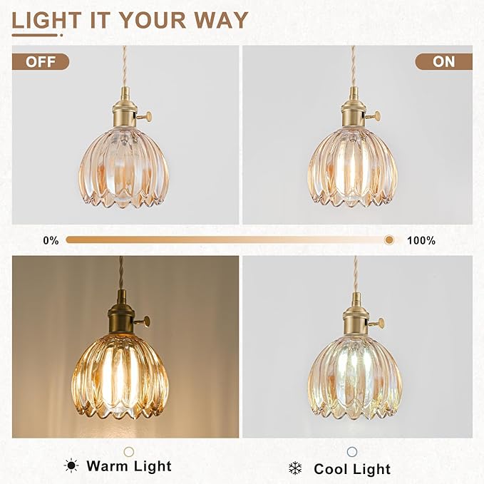 Plug in Pendant Light Fixtures, Hanging Light Fixture Vintage Glass Pendant Light, Mini Amber Tulip Hanging Lamp, Pendant Lighting for Kitchen Island, Bedroom, Dining Room, Living Room