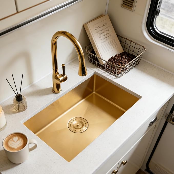 MILOSEN Gold RV Kitchen Sink, 25×15 inch 16 Gauge T304 Stainless Steel Undermount RV Sink with Basket Strainer, Gold Outdoor Camper Sinks, 7'' Depth Deep Single Bowl Laundry Basin