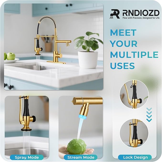 LED Kitchen Faucet with Pull Down Sprayer - Brushed Gold Single Handle Commercial Kitchen Faucets, 2-Spout Stainless Steel Spring Pull Out Kitchen Sink Faucet 1/3 Hole with Deck Plate