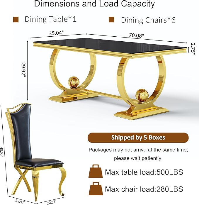 7-Piece Modern Luxury Dining Table Set, 70" Black Tempered Glass Dining Table with Gold Polished Stainless Steel U-Shaped Pedestal Base, 6 Black PU Leather X-Leg Dining Chairs, for Dining Room