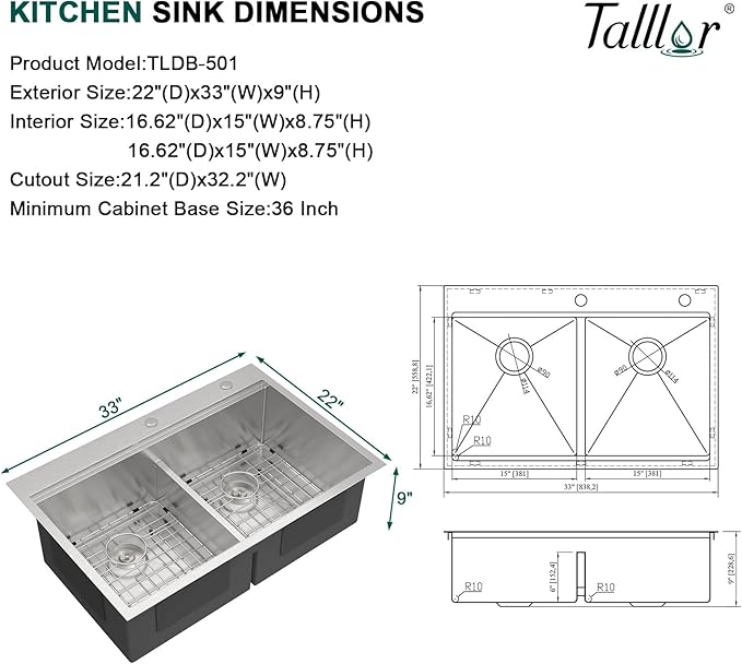 33 Inch Drop-In Double Bowl Kitchen Sink, 50/50 Low Divide 16 Gauge 304 Stainless Steel Workstation All-In One Sink, Brushed Finish #TLDB-501